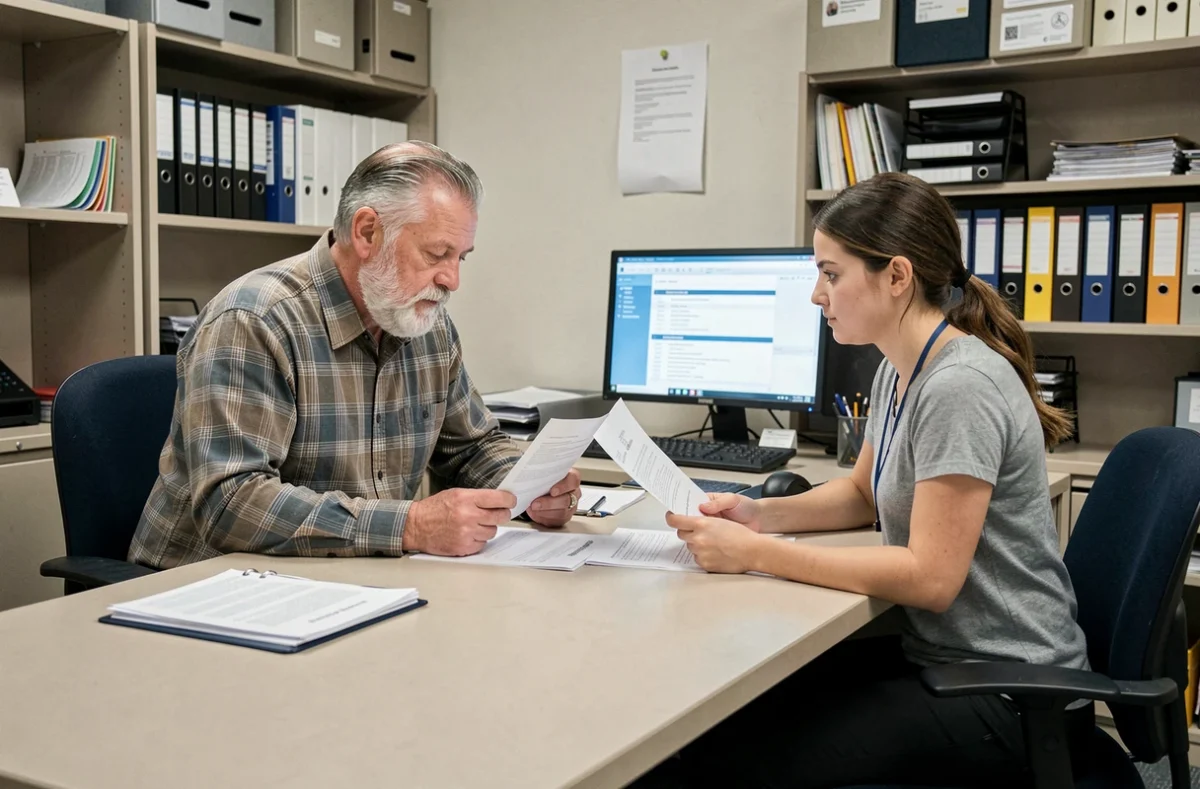 Homme de 62 ans en consultation avec une conseillère pour sécuriser ses droits à la retraite après une période de maladie