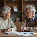 Une femme âgée et un homme discutent à table avec des documents