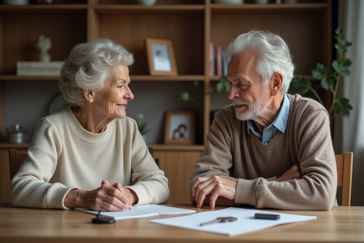 Une femme âgée et un homme discutent à table avec des documents