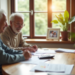 Couple agee discutant de documents financiers au soleil