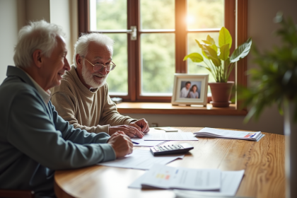 Couple agee discutant de documents financiers au soleil