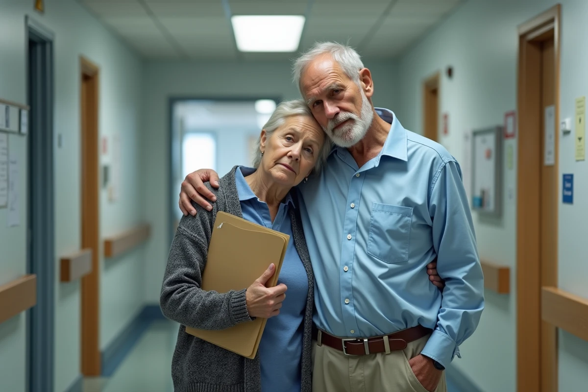 Couple d'aidants épuisés dans un couloir hospitalier tenant des documents médicaux, symbolisant la difficile décision de placer un conjoint atteint de démence en établissement spécialisé