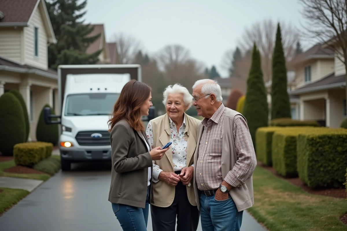 Couple agee avec assistante sociale devant une camionnette