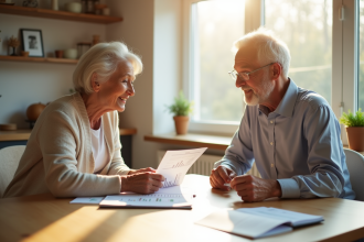 Couple retraité examinant documents financiers à la cuisine