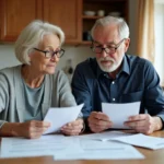 Couple de retraités consultant des documents fiscaux à leur table de cuisine, illustrant l'abattement fiscal sur les retraites
