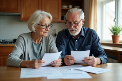 Couple de retraités consultant des documents fiscaux à leur table de cuisine, illustrant l'abattement fiscal sur les retraites