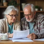 Couple de retraités français consultant leurs documents de pension Agirc-Arrco à la maison