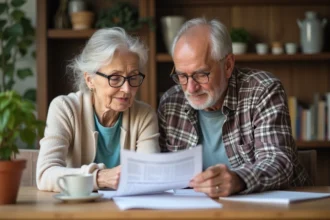 Couple de retraités français consultant leurs documents de pension Agirc-Arrco à la maison