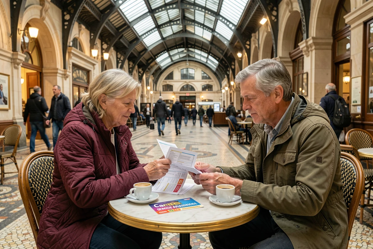 Couple de retraités planifiant un voyage en train avec une carte senior dans une brasserie de gare française