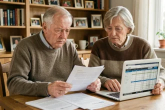 Couple de retraités examinant des documents sur la réforme Agirc-Arrco 2026 à leur table de cuisine