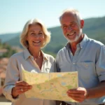 Couple de retraités souriant sur une terrasse avec vue sur une ville de province française, tenant une carte et planifiant leur déménagement à la retraite