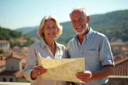 Couple de retraités souriant sur une terrasse avec vue sur une ville de province française, tenant une carte et planifiant leur déménagement à la retraite