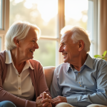 Couple senior souriant dans un appartement lumineux