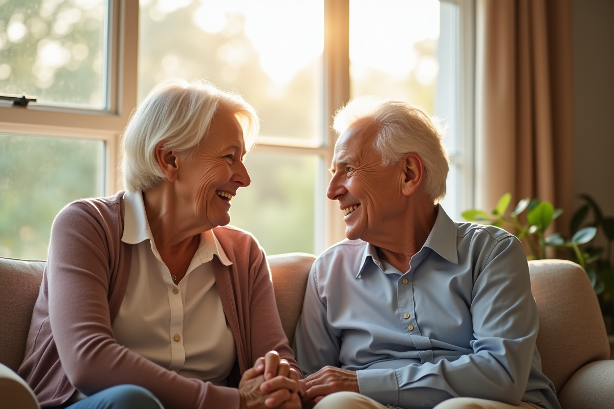 Couple senior souriant dans un appartement lumineux