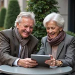 Couple senior souriant au café en terrasse