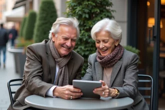 Couple senior souriant au café en terrasse