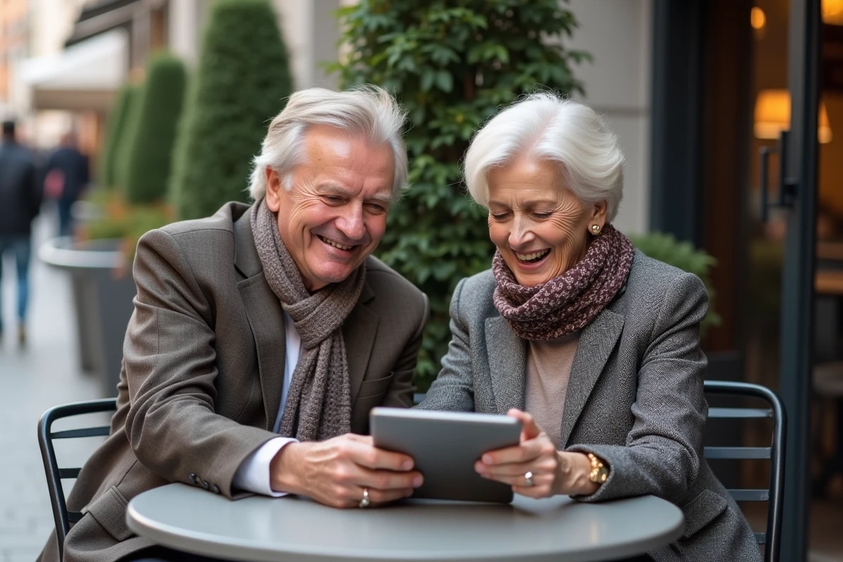 Couple senior souriant au café en terrasse