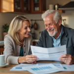 Couple senior souriant préparant des chèques vacances à la maison