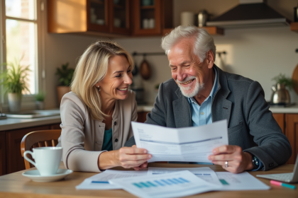 Couple senior souriant préparant des chèques vacances à la maison