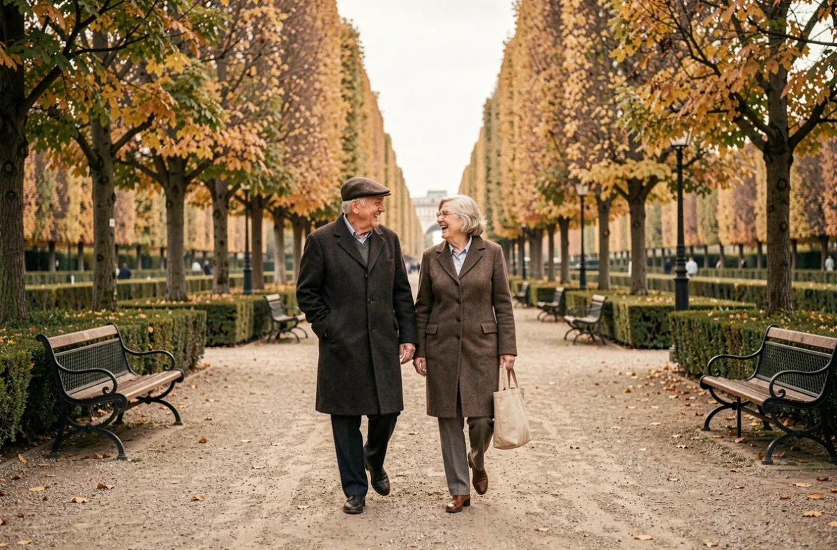 Couple de seniors se promenant dans un parc parisien en automne
