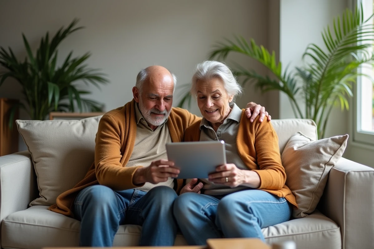 Couple de seniors consultant ensemble leur retraite complémentaire Agirc Arrco sur une tablette dans un salon français