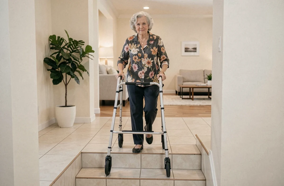 Femme âgée utilisant un déambulateur monte-escalier pliable à l'intérieur d'une maison moderne sans travaux