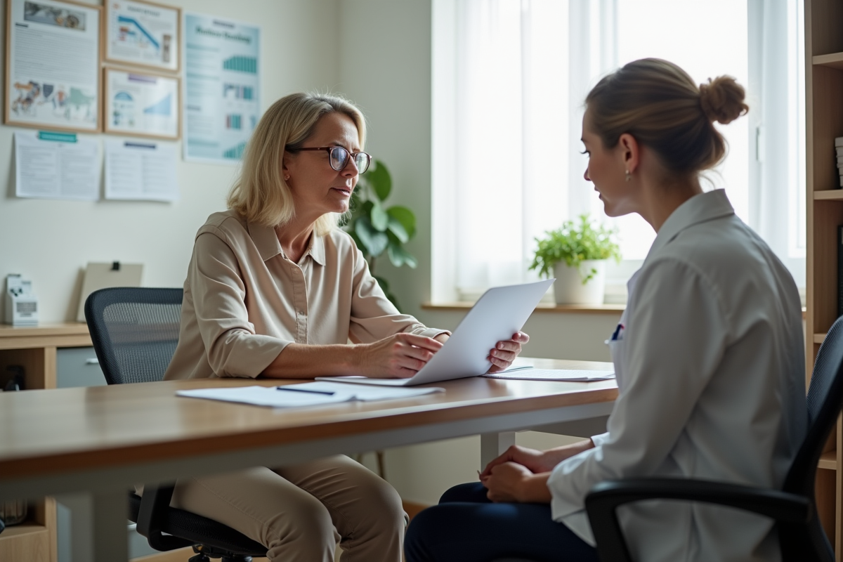 Femme discutant avec un professionnel dans un bureau de santé lumineux