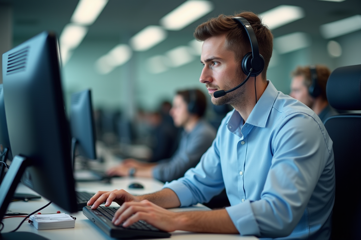 Jeune homme en casque travaillant dans un centre d