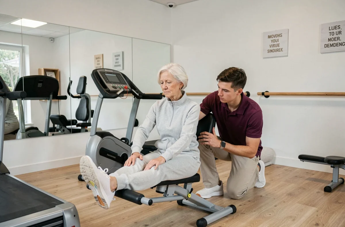 Salle de fitness de la résidence Domitys Les Quernons à Trélazé avec une résidente pratiquant des exercices d'étirement