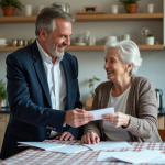 Homme d'âge moyen donnant une enveloppe à une femme âgée dans une cuisine chaleureuse