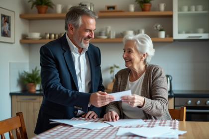 Homme d'âge moyen donnant une enveloppe à une femme âgée dans une cuisine chaleureuse
