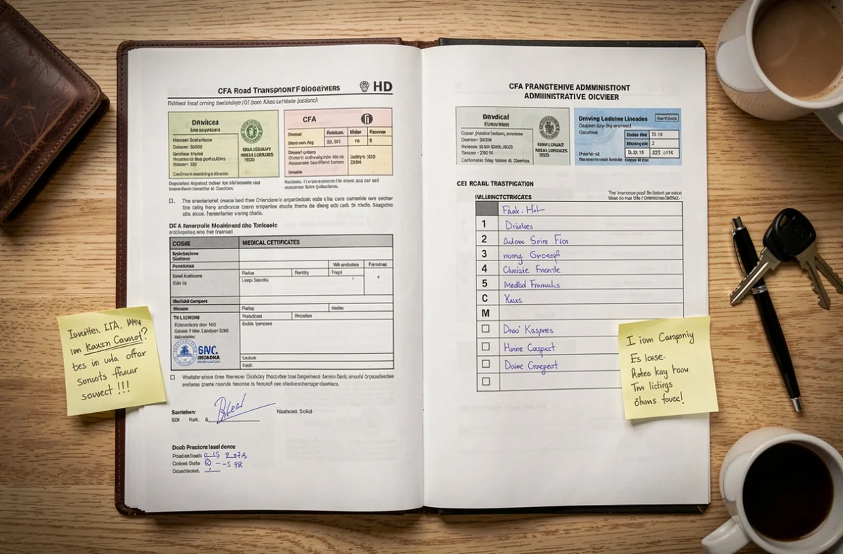 Vue aérienne d'un dossier CFA routier complet avec documents administratifs et checklist pour passage en commission
