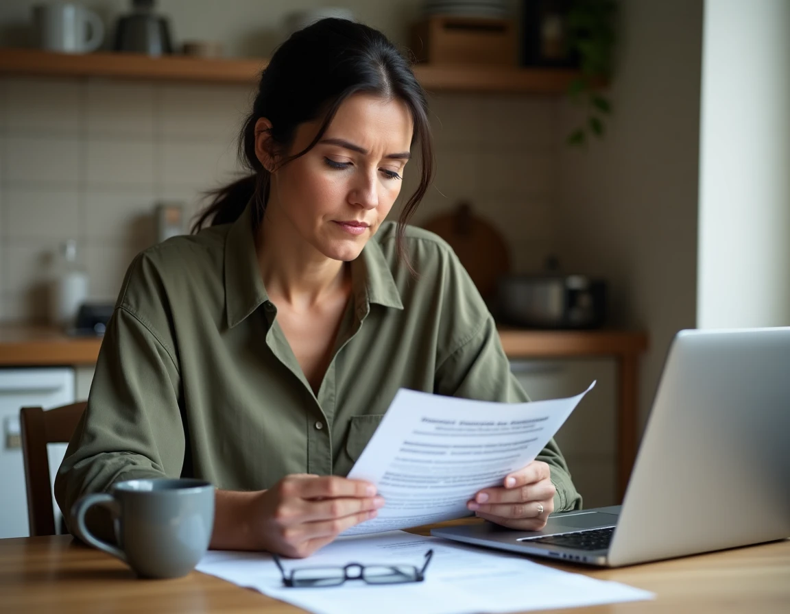 Femme consultant des documents administratifs pour constituer un dossier de demande d'aide au décès CPAM