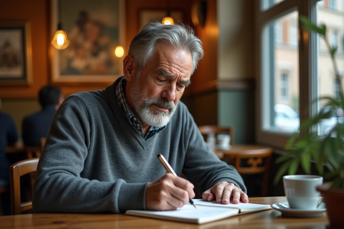 Homme concentré rédigeant un message personnel de départ à la retraite dans un carnet dans un café