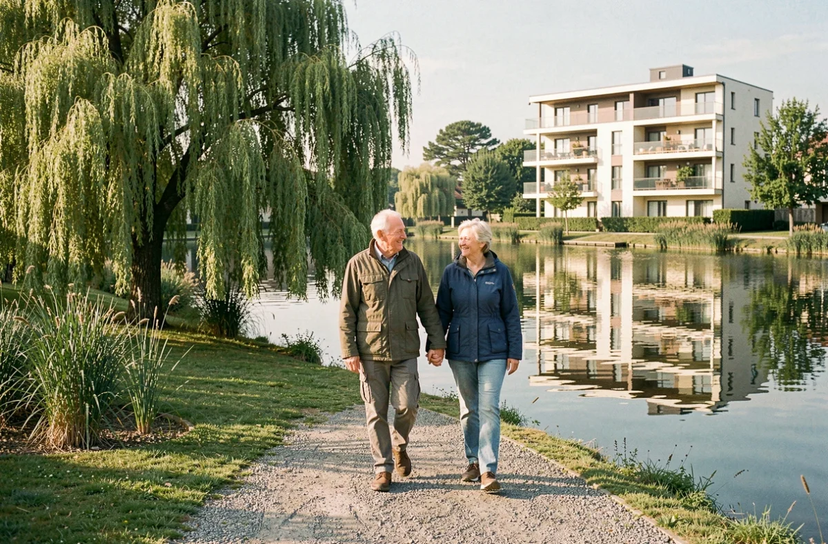 Promenade au bord du lac de la résidence Emera Lac de Maine à Angers avec un couple de seniors se promenant