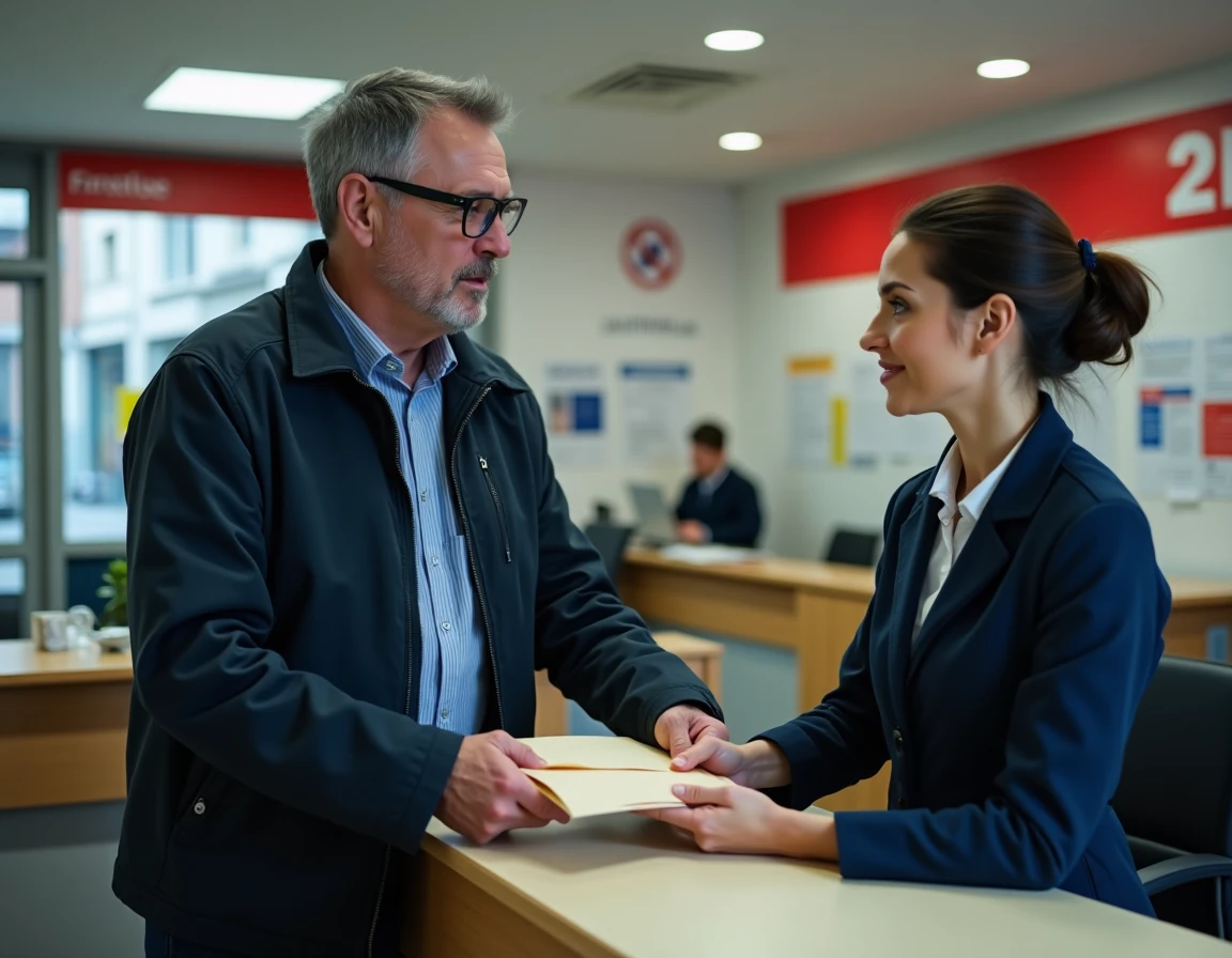 Homme déposant une lettre officielle pour aide décès CPAM à un guichet de La Poste