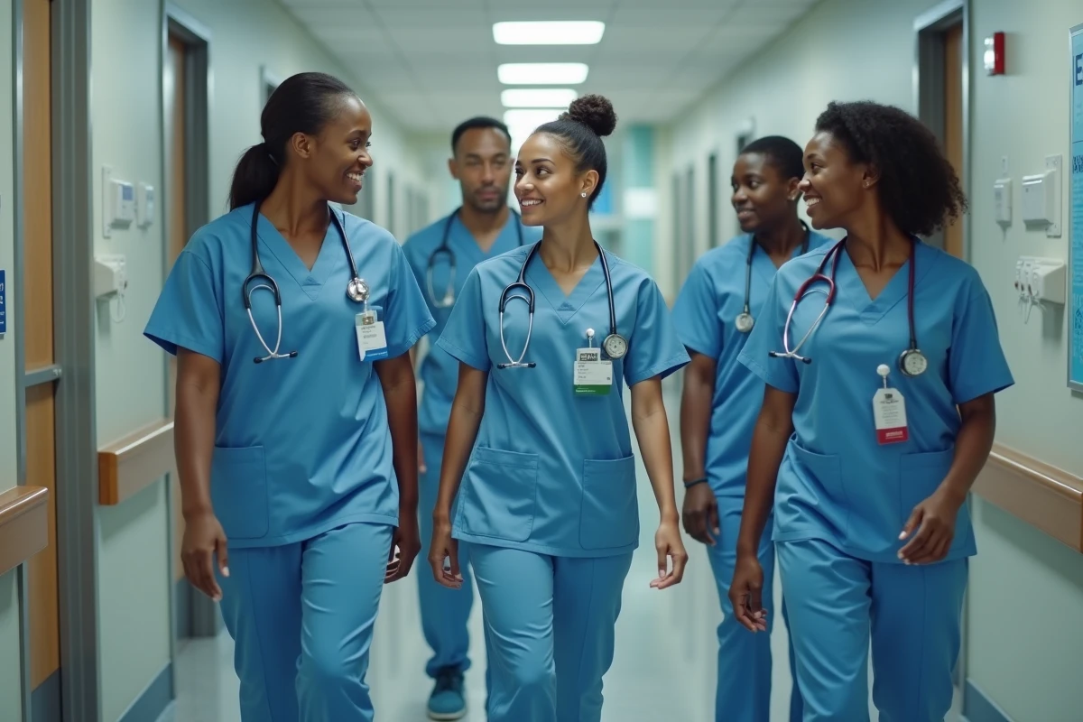 Groupe de personnel soignant dans un couloir d