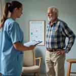 Physiothérapeute évaluant l'équilibre d'un patient âgé lors du test de Tinetti en clinique de rééducation