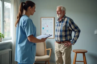 Physiothérapeute évaluant l'équilibre d'un patient âgé lors du test de Tinetti en clinique de rééducation