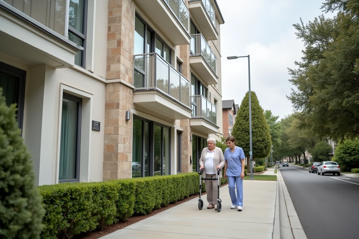 Façade d'une résidence EHPAD moderne avec une résidente et une aide-soignante dans un quartier résidentiel calme