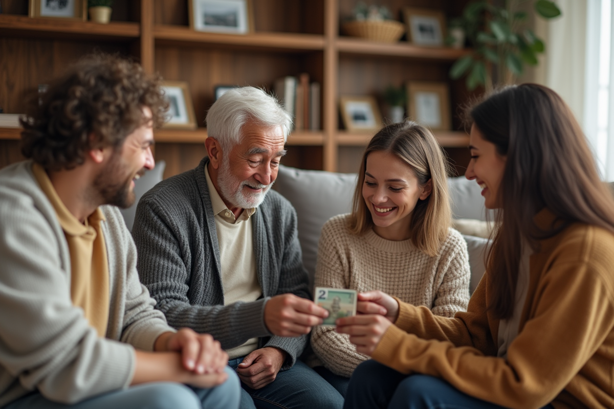 Famille multigeneration échange dargent dans un salon chaleureux
