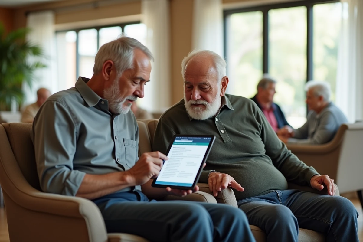 Un fils adulte et son père âgé consultent ensemble des informations sur les aides financières pour maison de retraite sur une tablette numérique