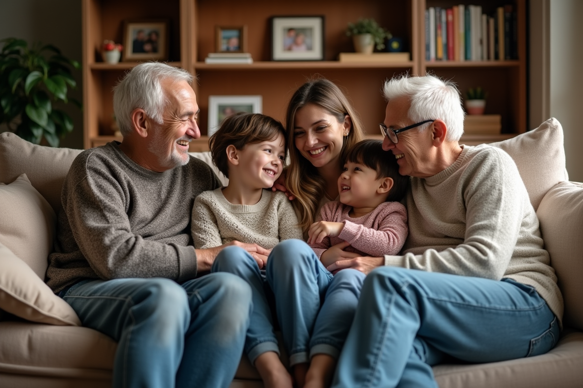Famille multigenerational dans un salon chaleureux