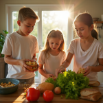 Famille australienne dans la cuisine jetant des aliments pourris