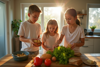 Famille australienne dans la cuisine jetant des aliments pourris