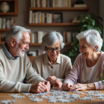 Couple agee et fille jouant au puzzle ensemble