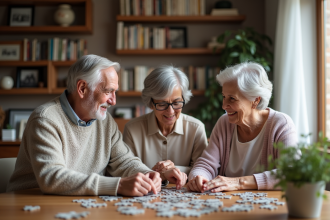 Couple agee et fille jouant au puzzle ensemble