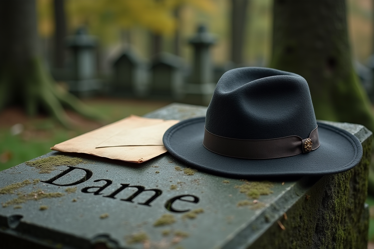Fedora plié et enveloppe ancienne sur une tombe dans un cimetière