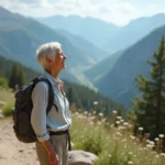 Femme de 50 ans en randonnée solo en montagne avec sac à dos léger et panorama alpin