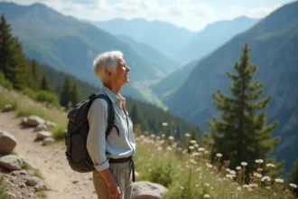 Femme de 50 ans en randonnée solo en montagne avec sac à dos léger et panorama alpin